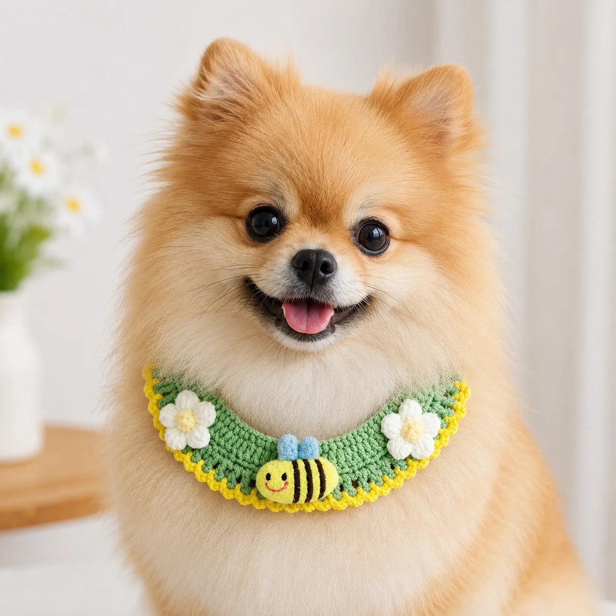 Small dog wearing green honeybee knit pet collar with white flowers