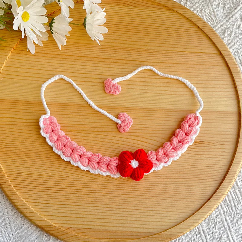 Pink Crochet Flower Pet Collar flat