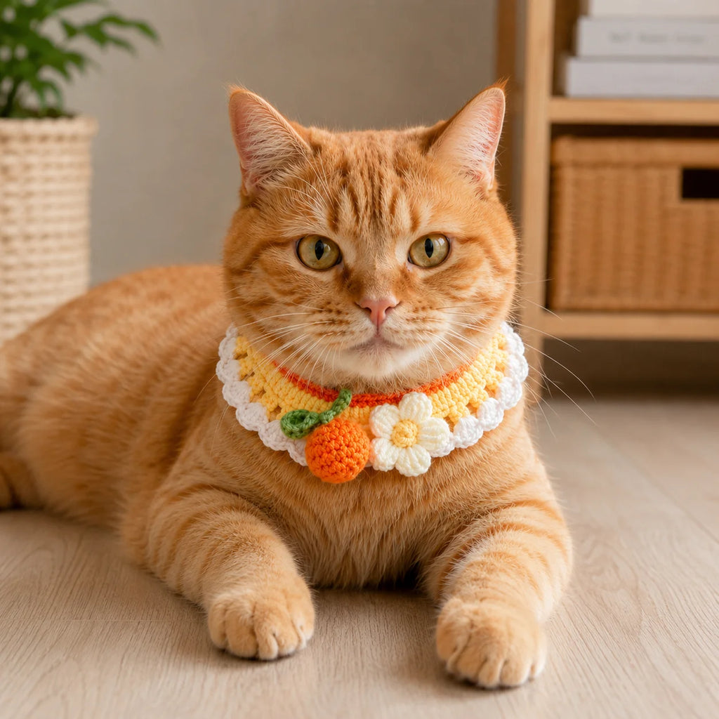 Orange cat relaxing while wearing orange knit pet collar