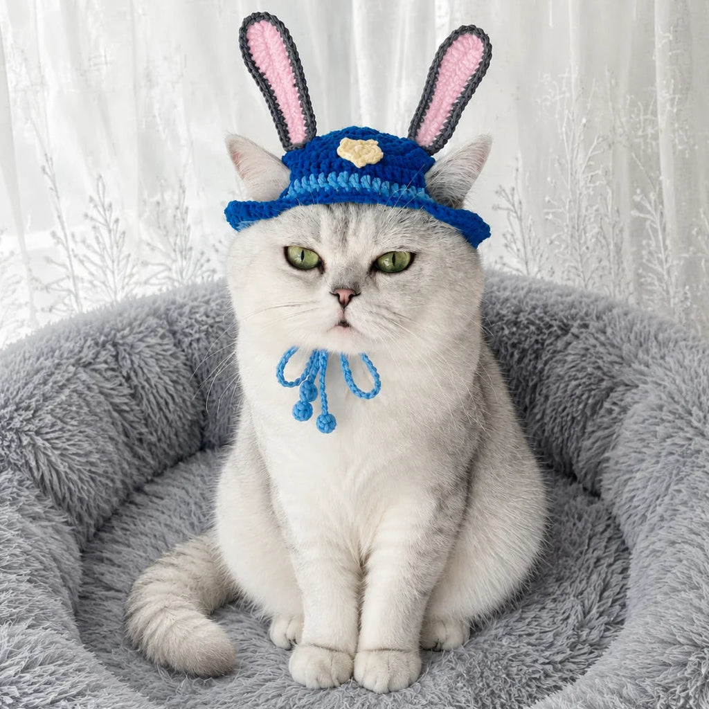 Cute puppy wearing blue bunny ears knit hat for photoshoot