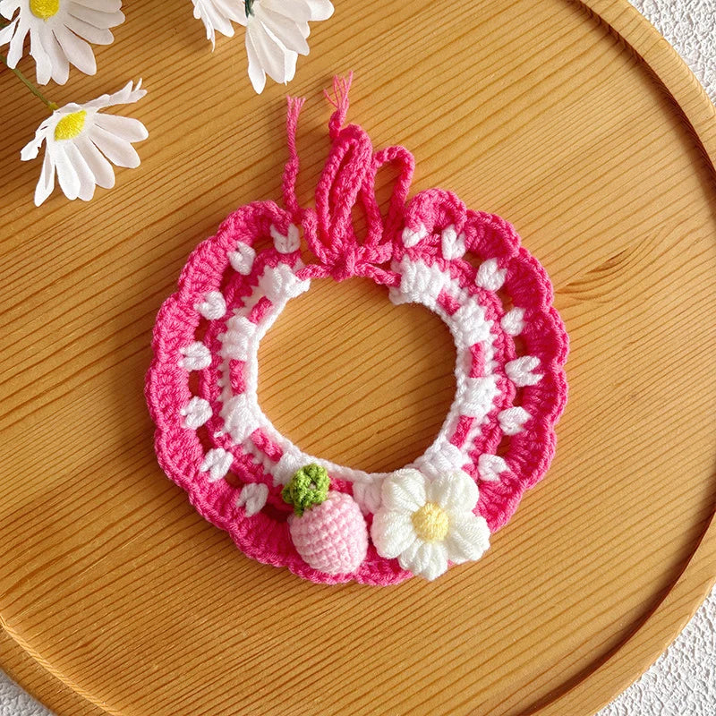 Handmade-style pet bib collar with flower and strawberry detail - Pink
