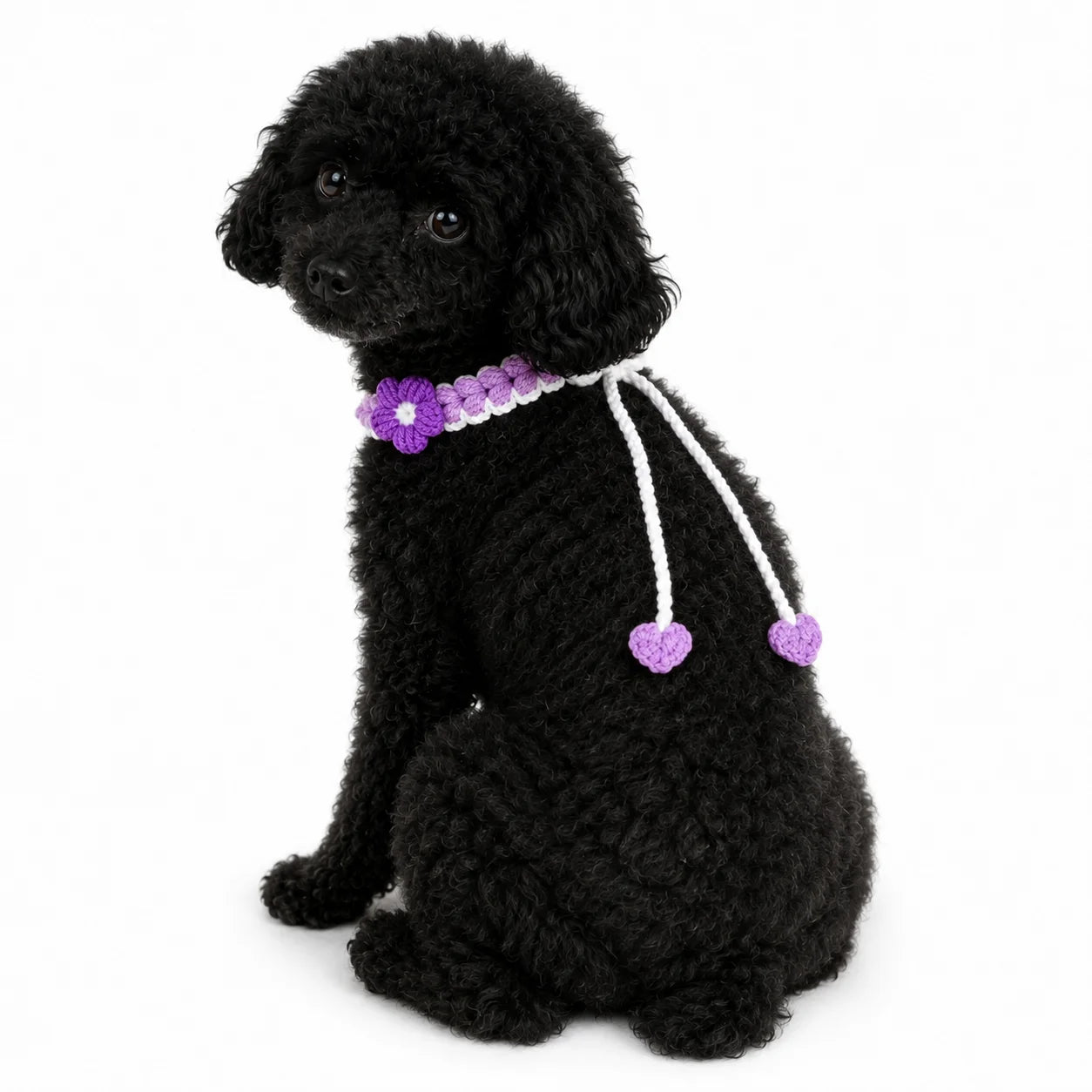 Purple Crochet Flower Pet Collar side view on dog