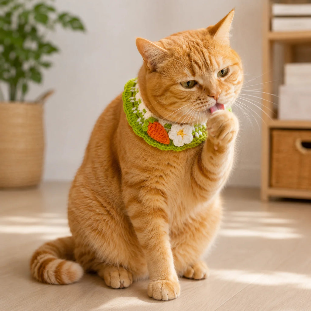 Orange cat grooming in artisan carrot knit collar