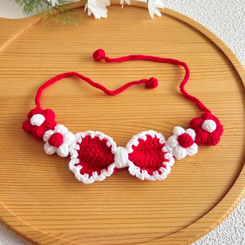 Festive Red Hand-Crocheted Pet Collar